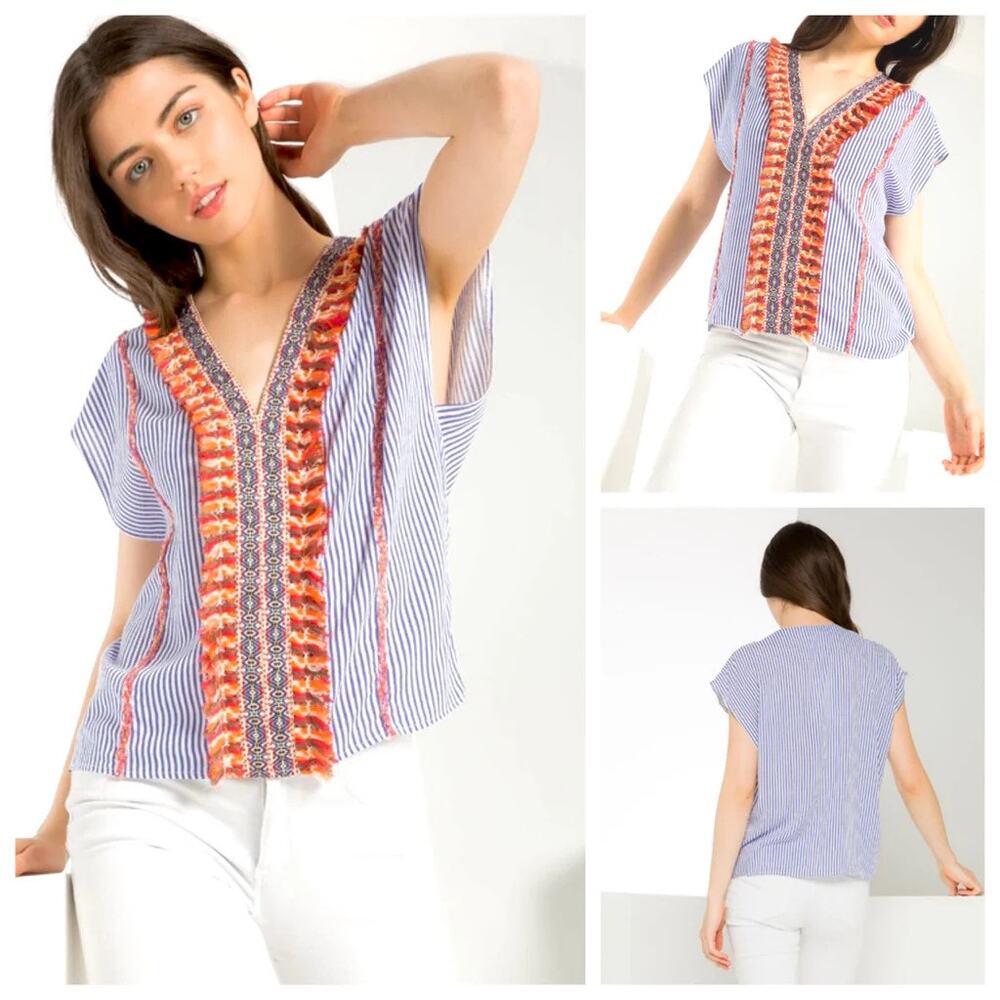 Letarte Hand Made Top, Blue Stripe, Fringe, V Neck, Spring Boho Top Womens Sz XS